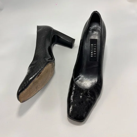 Stuart Weitzman black square toe croc embossed chunky heel pumps size 9 - Picture 9 of 10